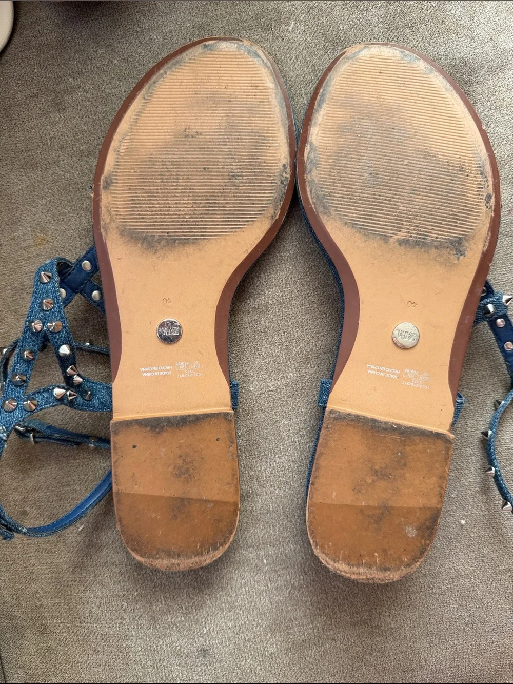 Zara Denim gladiator Studded T-Strap Sandals Blue denim silver flats strappy 40